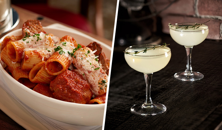 drinks and pasta at Enzo's Hideaway